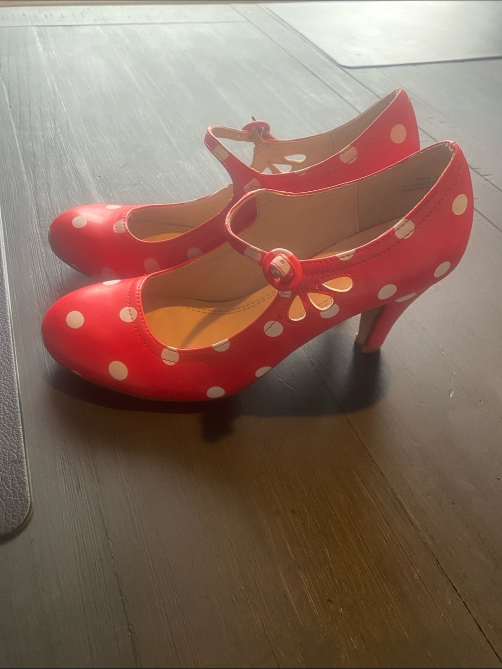 J. ADAMS Polka Dot Mary Jane Heels - Classic Retro Style with side petal cutouts